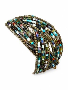 Boho Multicolor Seed Bead Memory Wire Cuff Bracelet Statement Jewelry
